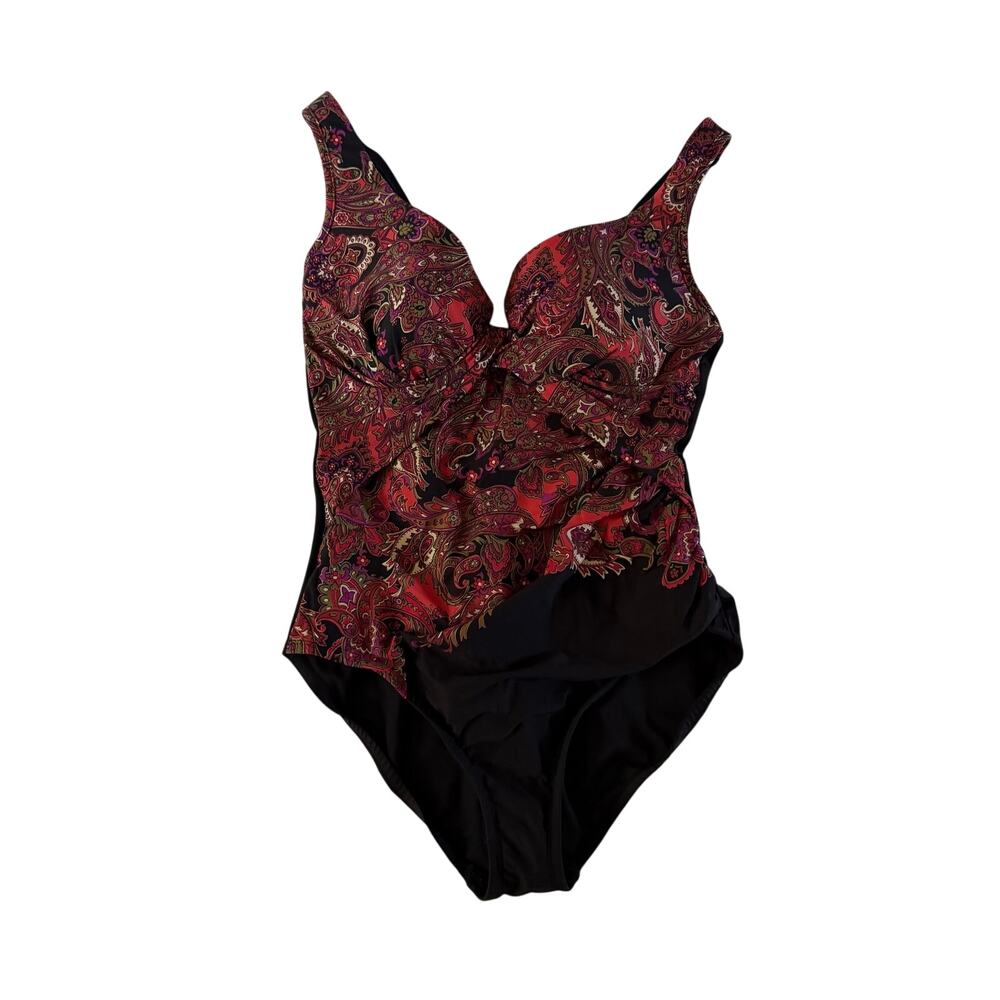 Miracle Suit Red Paisley Underwire One Piece Swim Bathing Suit Plus Size 16